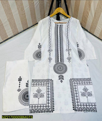 2 Pcs Block Print Womens Stitched Linen Suit